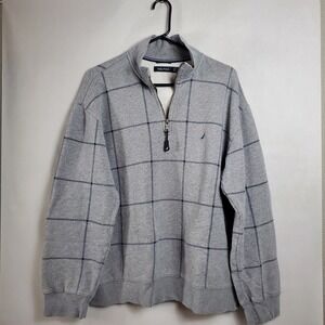 Nautica Mens Gray Plaid 1/4 Zip Fleece Lined Sweatshirt Pullover XL